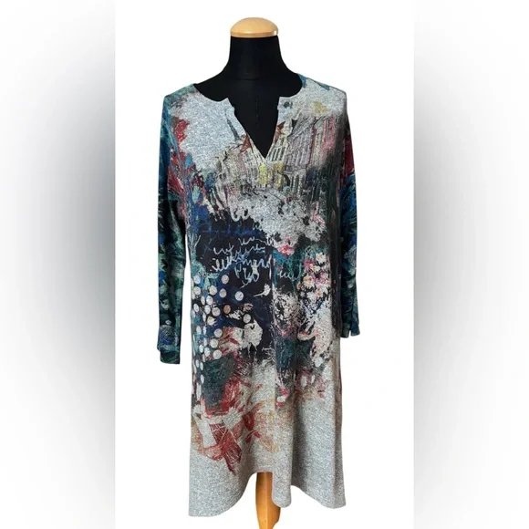Inoah Art to Wear Cityscape Tunic Top Dress Gray Graphic PrintSize M Made in USA - Picture 2 of 11